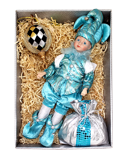 Корпоративные подарки в премиум упаковке Задорный Арлекин  с шаром и  конфетами  (голубого цвета)