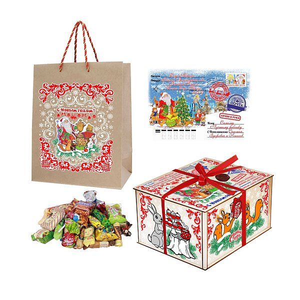 Подарки с конфетами на Новый год Сладкий новогодний подарок Посылка от Деда Мороза (дерево)