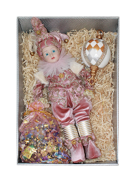 Корпоративные подарки в премиум упаковке Задорный Арлекин  с шаром и  конфетами  (розового цвета)