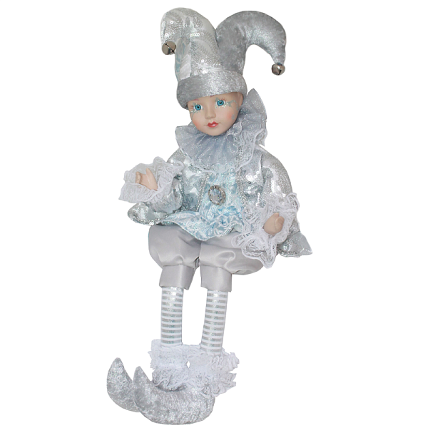 Купить мягкие игрушки для новогоднего подарка АРЛЕКИН (гибкие  ножки)  серебро/белый/свет ло голубой 