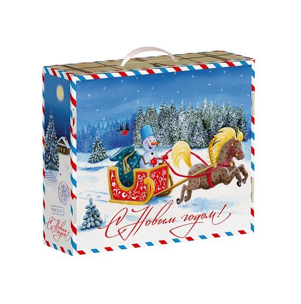 Картонная упаковка для подарков Чемоданчик с пластиковой ручкой "Почта Деда Мороза" для новогоднего подарка