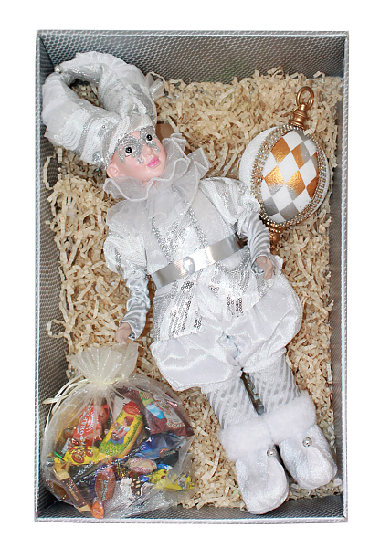 Корпоративные подарки в премиум упаковке Задорный Арлекин  с шаром и  конфетами  (серебристого  цвета)