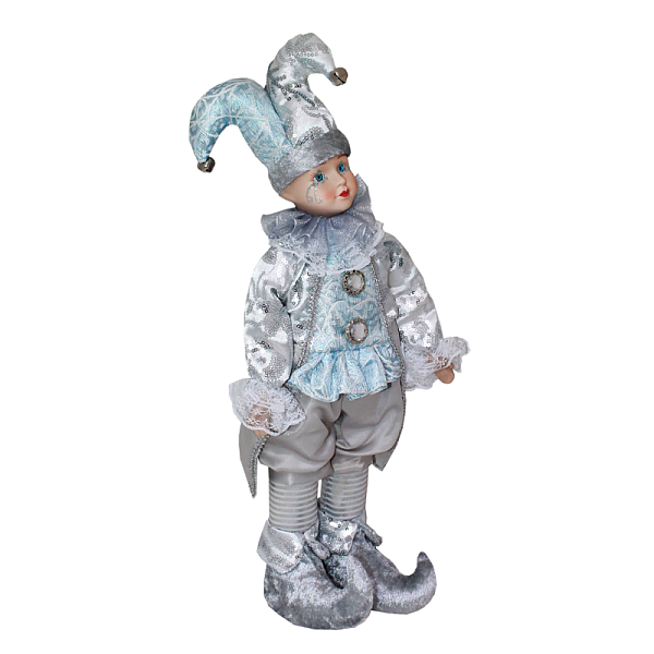 Купить мягкие игрушки для новогоднего подарка АРЛЕКИН стоящий  серебро/белый/светло голубой